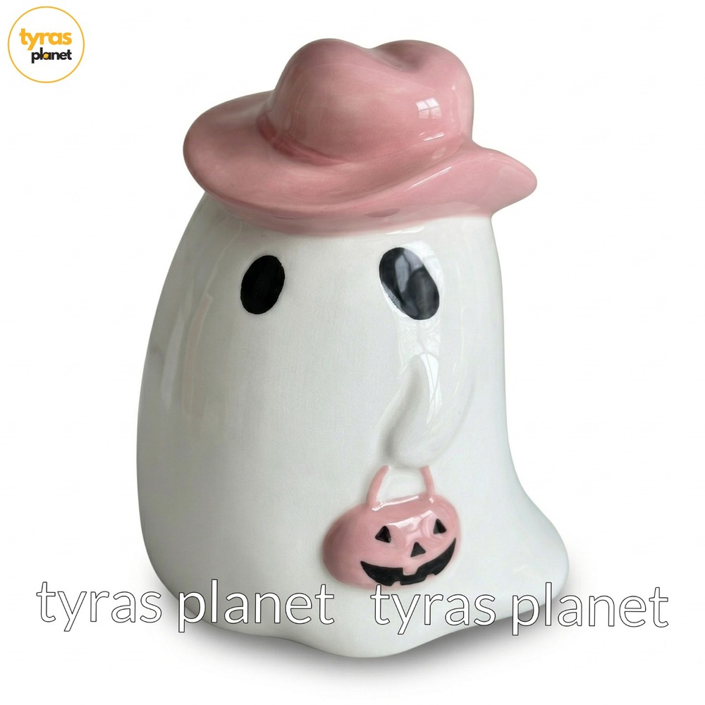 Ceramic Cowgirl Ghost with Pink Cowboy Hat Pink Pumpkin Halloween Figurine 6in